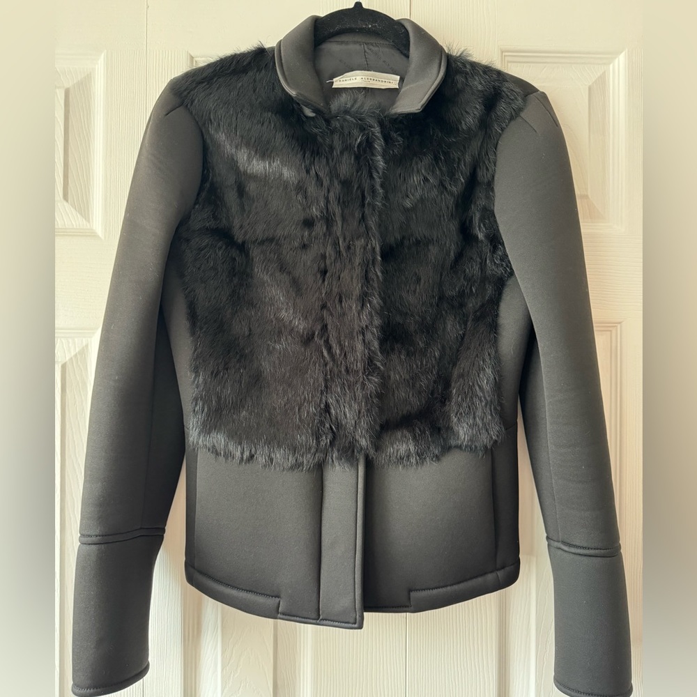 Daniele Alessandrini Neoprene Jacket with Real rabbit fur, size S, pre-owned